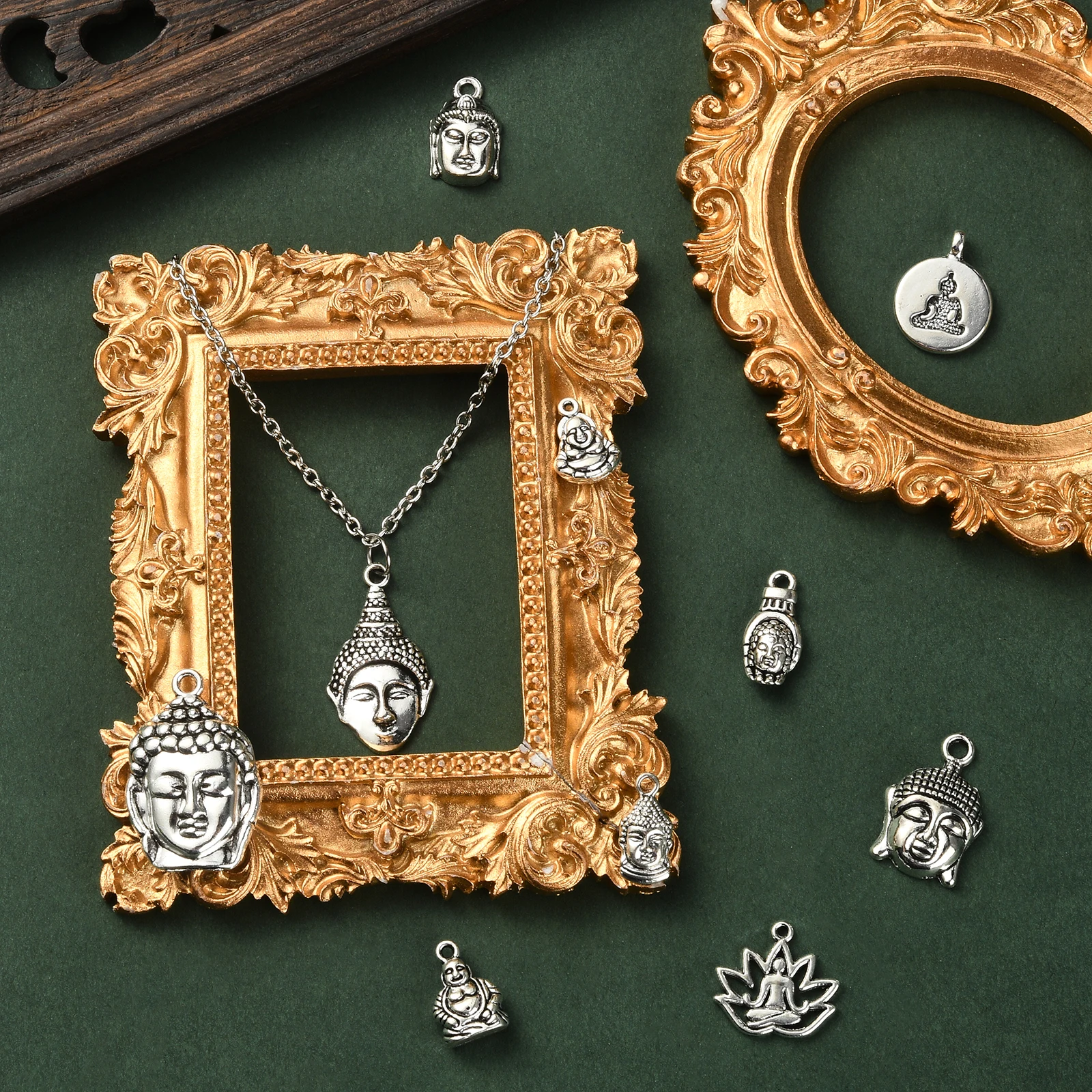 Pandahall 100Pcs 10 Styles Tibetan Style Buddha Charms Religious Lotus Yoga Charms Vintage Charms for Jewelry Making Crafting