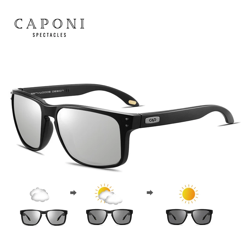 Polarized Sunglasses CAPONI Men Vintage Brand Designer Driving Sun Glasses Photochromic Square TR Frame Black Shades BS9417
