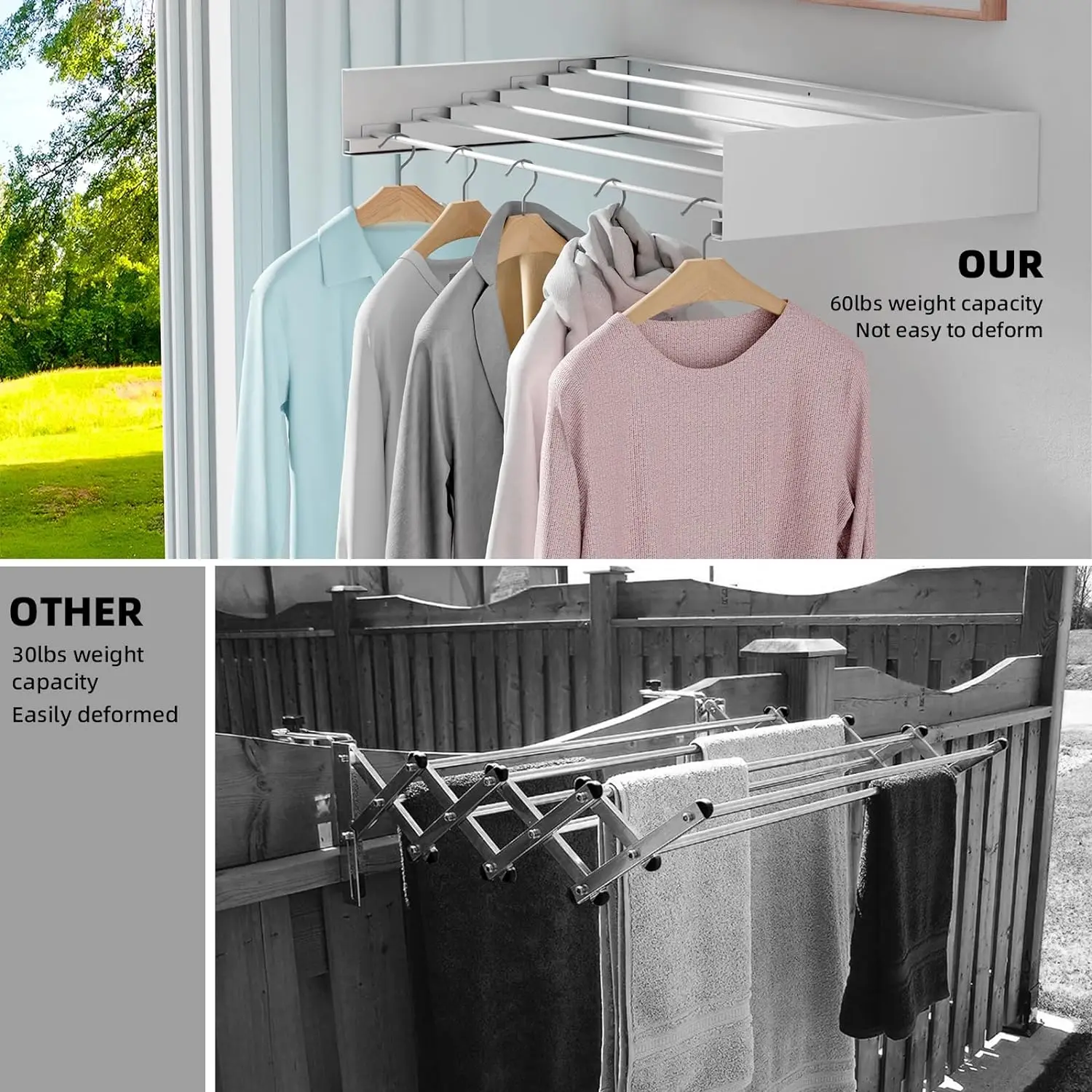 Collapsible Laundry Drying Rack Wall Mounted Clothes Drying Rack 5 Aluminum Rods Space Saving Laundry Racks for Drying Clothes 4
