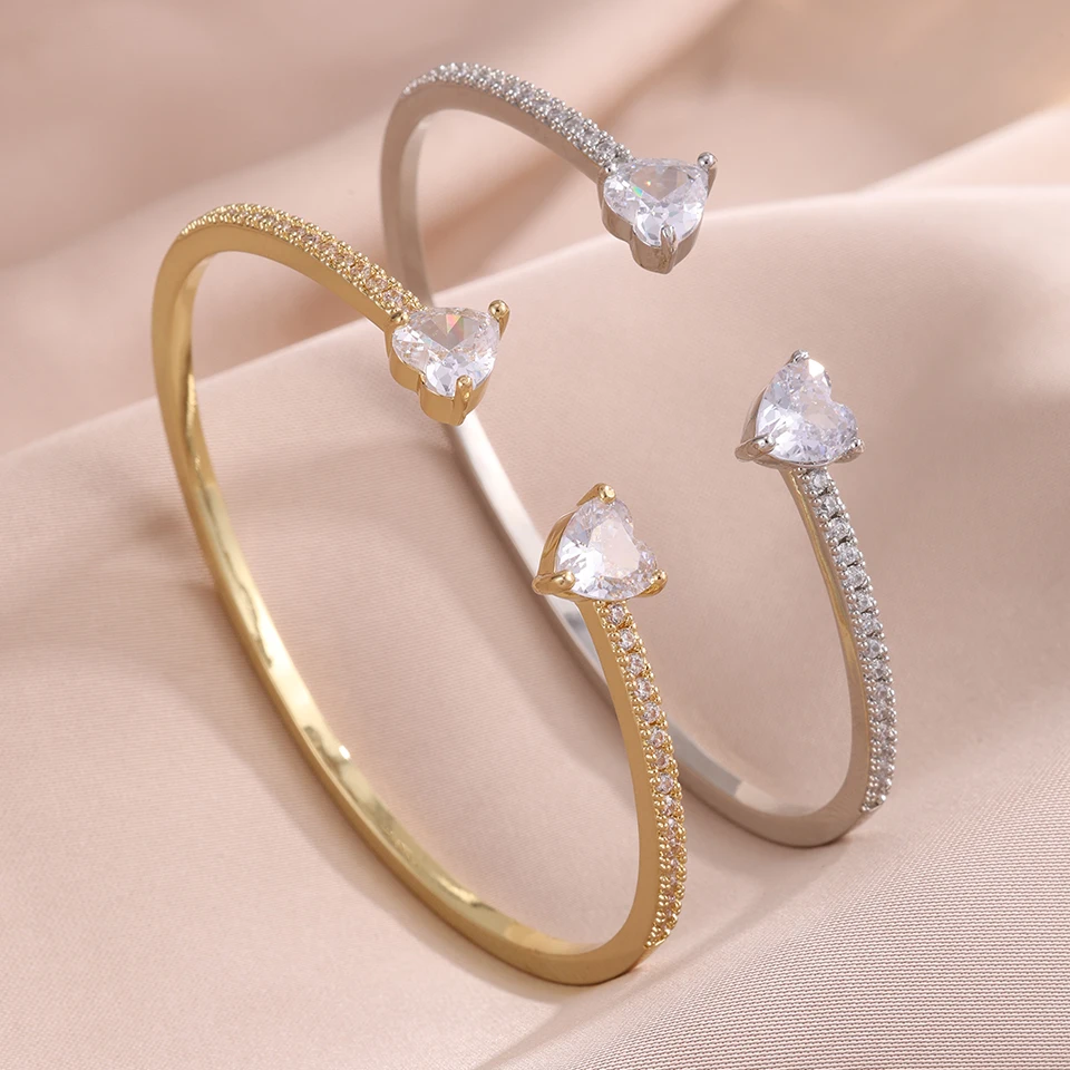 Yupsk 2/1pcs Simple Fashion Double Heart Zirconia Cuff Bracelet for Women Sparkling Zircon Open Bangles Exquisite Jewelry Gift 4