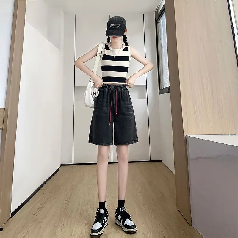 Womens Denim Baggy High Waist Blue Shorts Summer Black Long Wide Shorts New Female Jeans Y2K New Push Up Bermuda Shorts Jeans