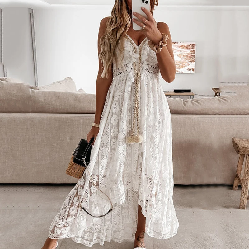 Bohemian Summer High Waist Lace Up V-Neck Loose Large Hem Dress Seaside Long Dress