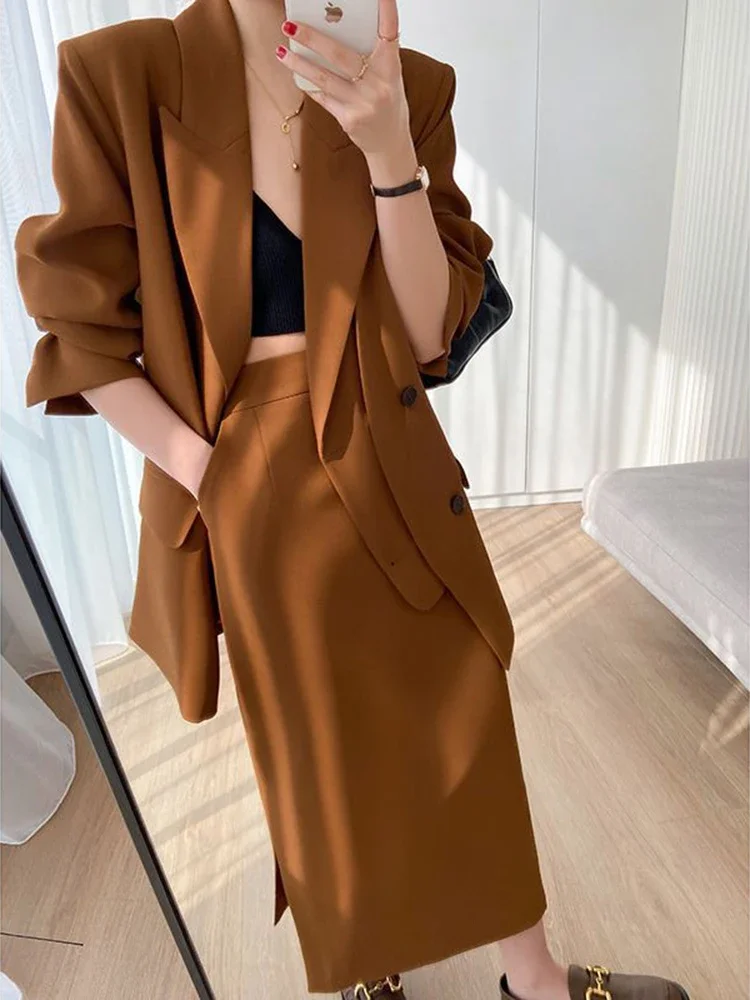 

Two Piece Sets Women Outifits 2023 Fall Long Sleeve Turn-down Collar Double Breasted Blazers + High Waisted Pockets Skirt Suits