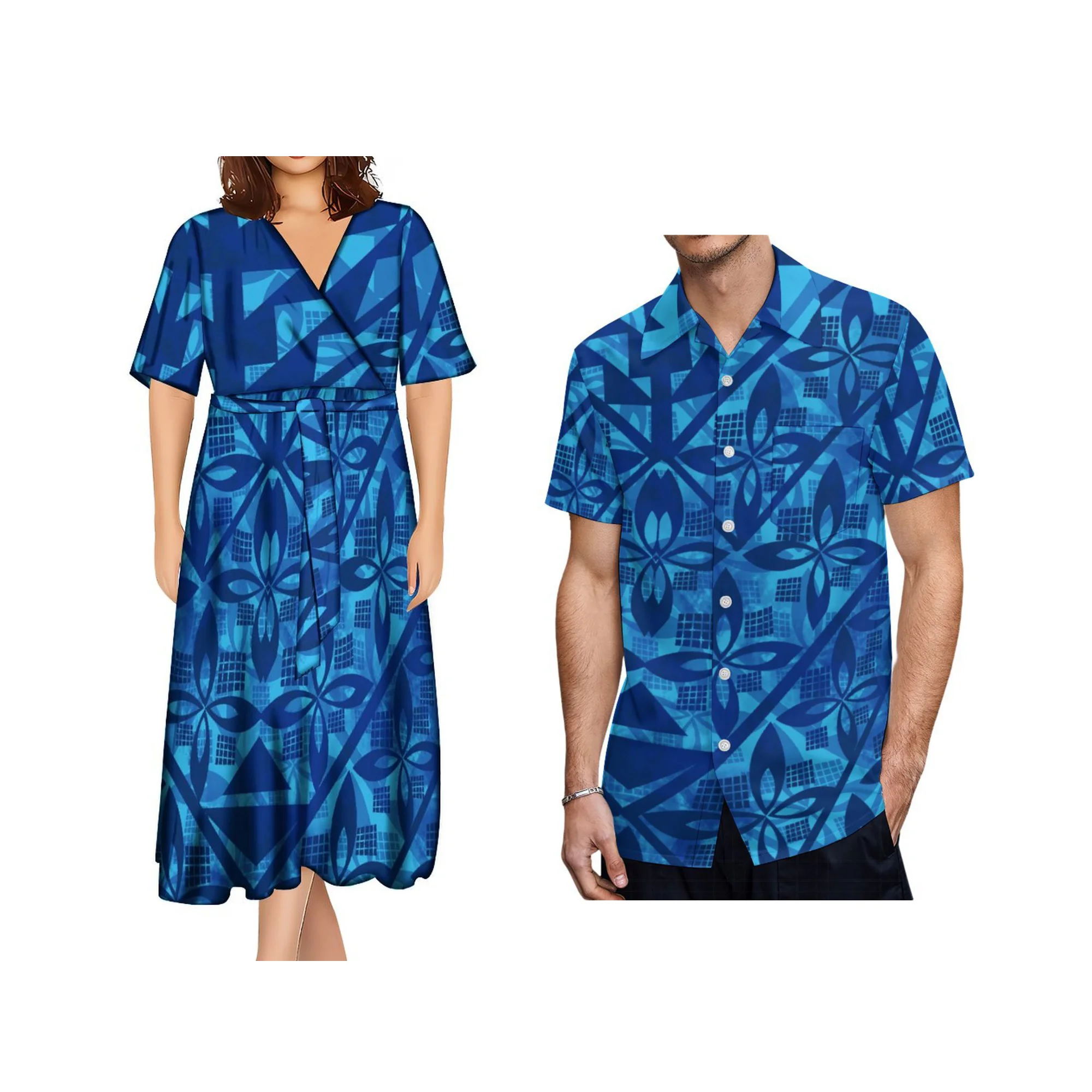 

Hot Sales Half sleeve Dresses Women Elegant Polynesian Tribal Print Island Style Dress Paired with men's short sleeved shirts