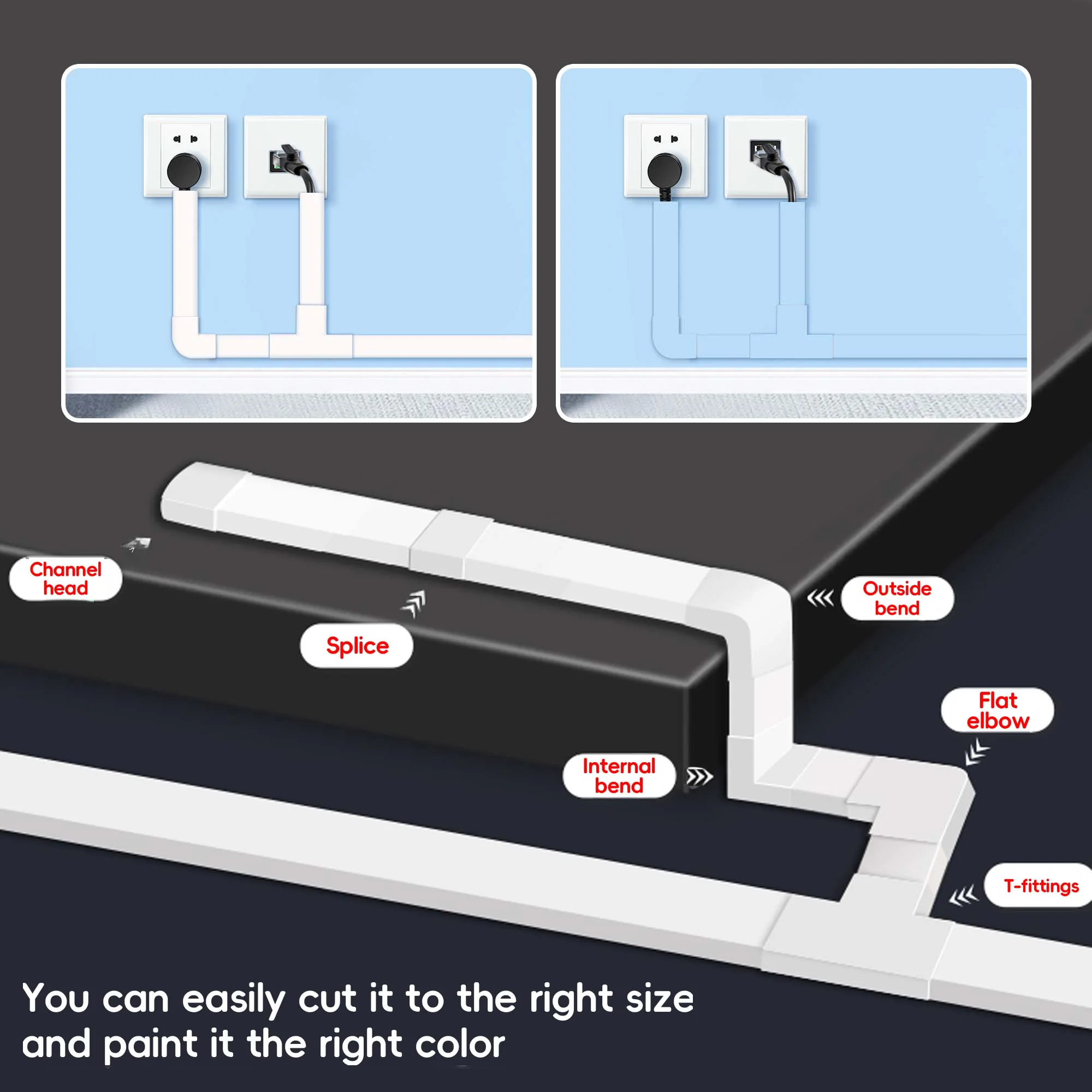 TV Cable Management Cord Cover, Hider Cord Organizer, Raceway Kit, Concealer System Covers, PVC Trunking Channel (10-Pcs)