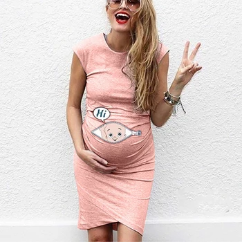 Summer Maternity Cartoon Baby Funny Print Dress, Casual Stretchy Short Sleeve Crew Neck Slim Fit Bodycon Long T-shirts 3