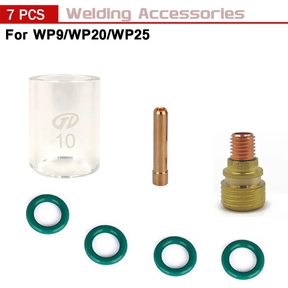 7Pcs/Set WP9 Welding Torch #10 Glass Cup Kit Stubby Collets Body Gas Lens Tig For Wp-9/20/25 Series Welding Accessories