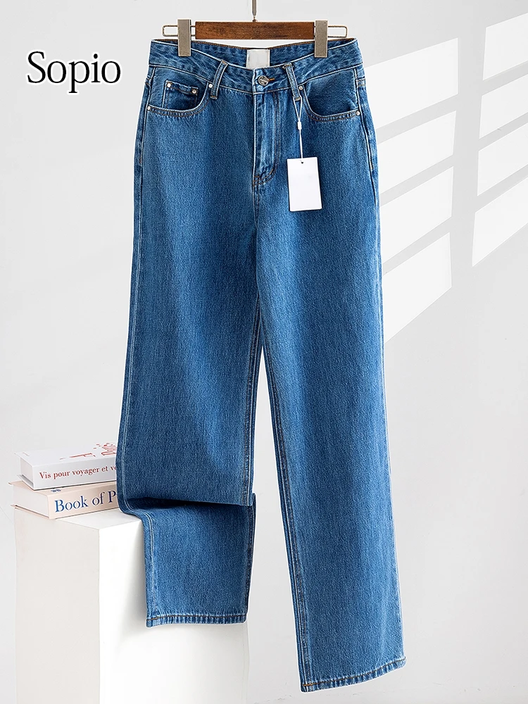 classic-style-stir-fried-color-washing-water-denim-pants-blue-straight-leg-women's-pants-fashion-retro-cotton-street-style-jeans