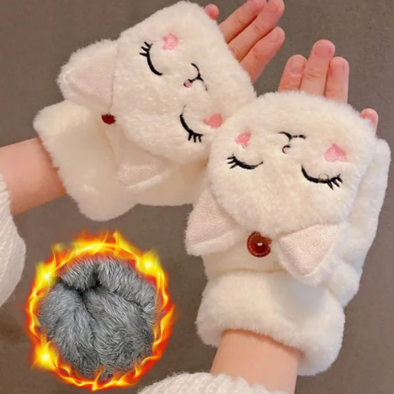 

Winter Cute Rabbit Fur Mittens Women Warm Gloves Girls Flip Plush Fingerless Thicken Warm Mitten Work Gloves Half Finger