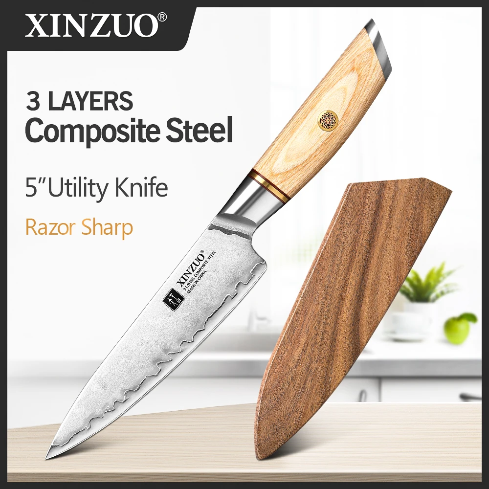 

XINZUO 5'' inch Multi Function Utility Knife Customized 3 Layer Clad Steel 10Cr15CoMoV Core Steel Kitchen Steel Original Design