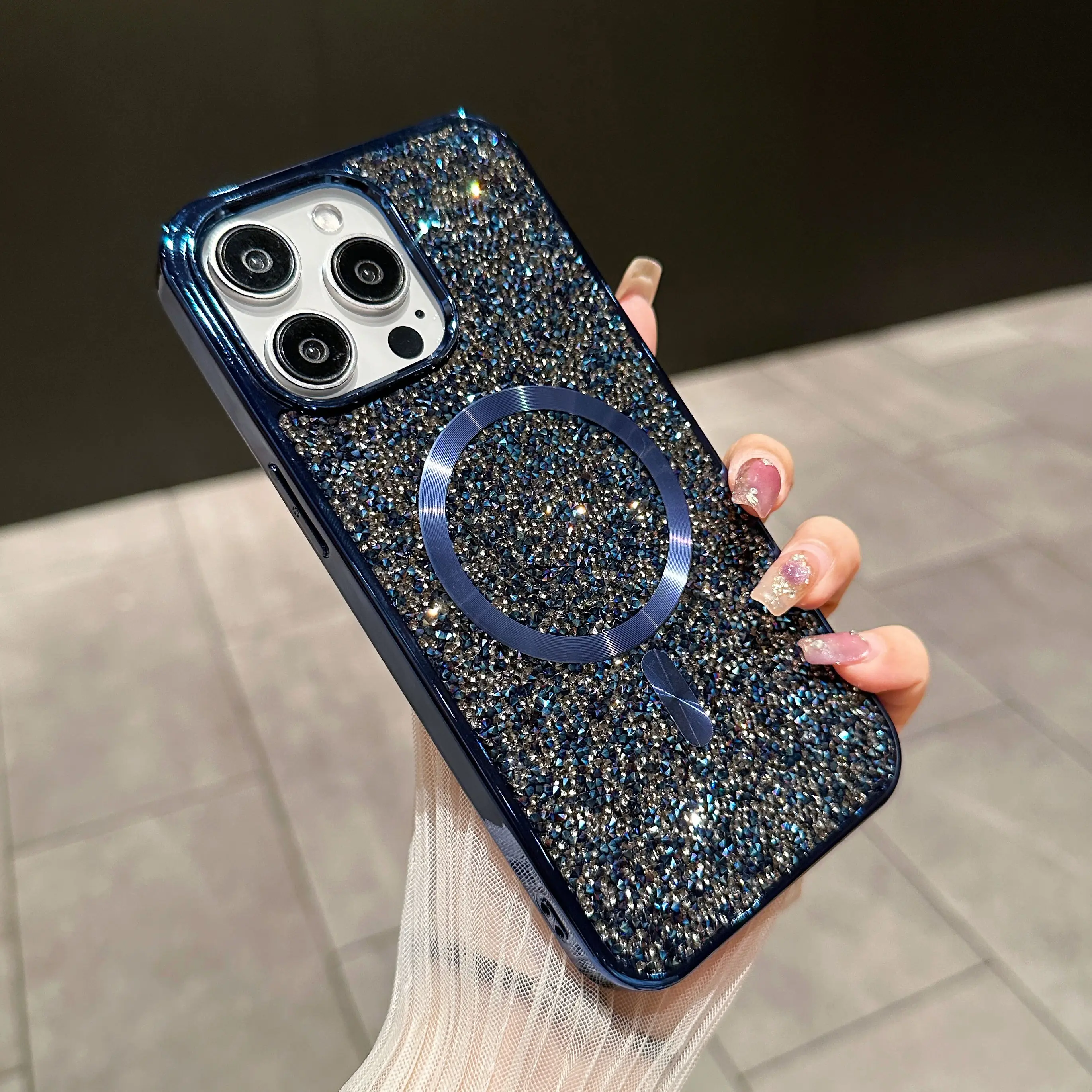 Glitter Shining Diamond Plating Slim Phone Case with Wireless Charging and Magnetic Back Cover