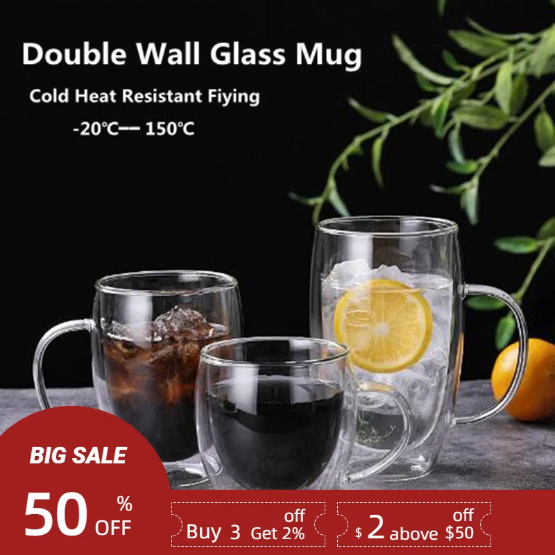 Double Wall Insulated Glass Coffee Glass Mug Tea Cup With Handle  150/250/350/450