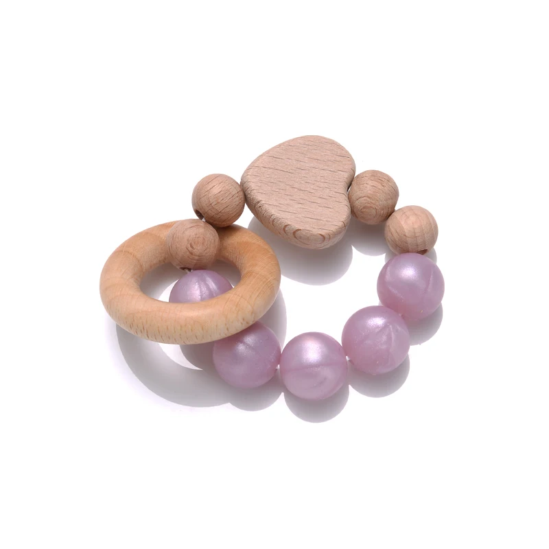  Teether 팔찌 실리콘 라운드 비즈 딸랑이 심장 모양 너도밤 나무 반지,  간호 장난감 젖니 공예 반지, 1 개
