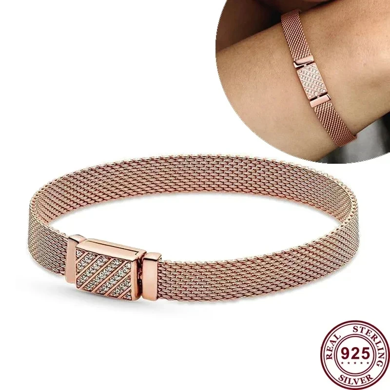 New Hot Selling S925 Silver Reflective Series Woven Mesh Original Women's Logo Multi Loop Watch Bracelet DIY Charming Jewelry