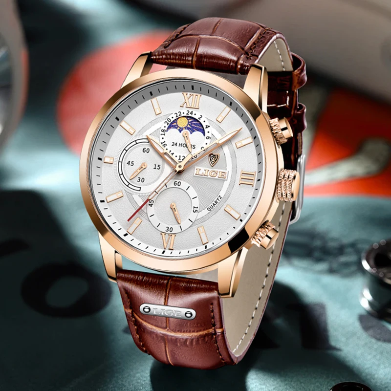 LIGE Fashion 24 hour Moon Phase Watch Men Outdoor Sport Waterproof Watch For Men Luxury Military Leather Men Quartz Wristwatches