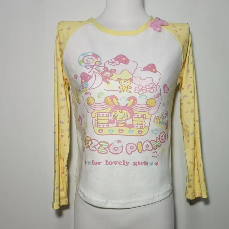 Pink Japanese Y2k Aesthetic Lolita T-shirts Women Clothing Sweet Cartoon Print O Collar Bow Tees Casual Kawaii Grunge Fairy Tops 5