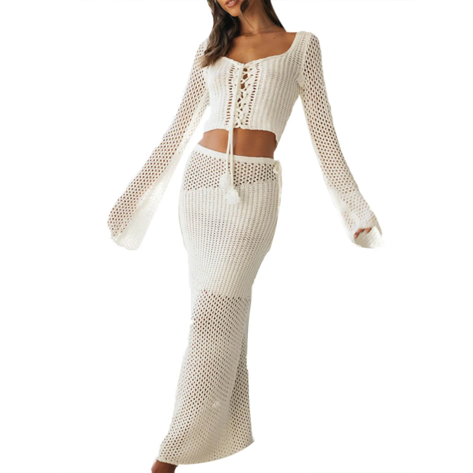 

Women’s 2 Piece Summer Outfits Long Sleeve Cross Tie-up Front Knit Crop Tops Long Skirt Set Loungewear