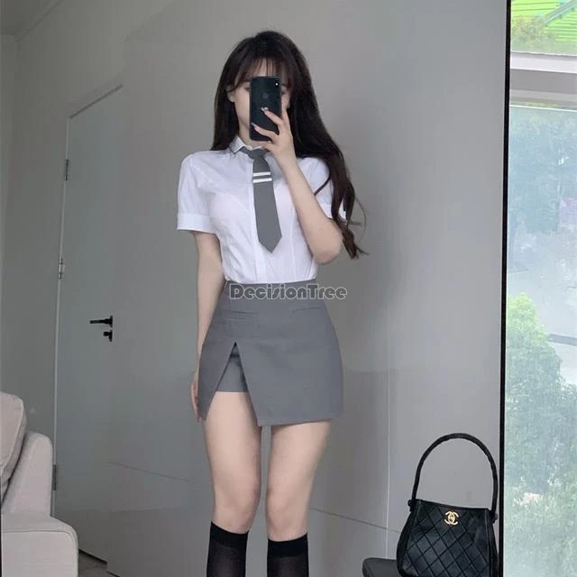 improved korea style women jk uniform set retro fashion short sleeve blouse half pleated skirt two-piece daily jk set w744