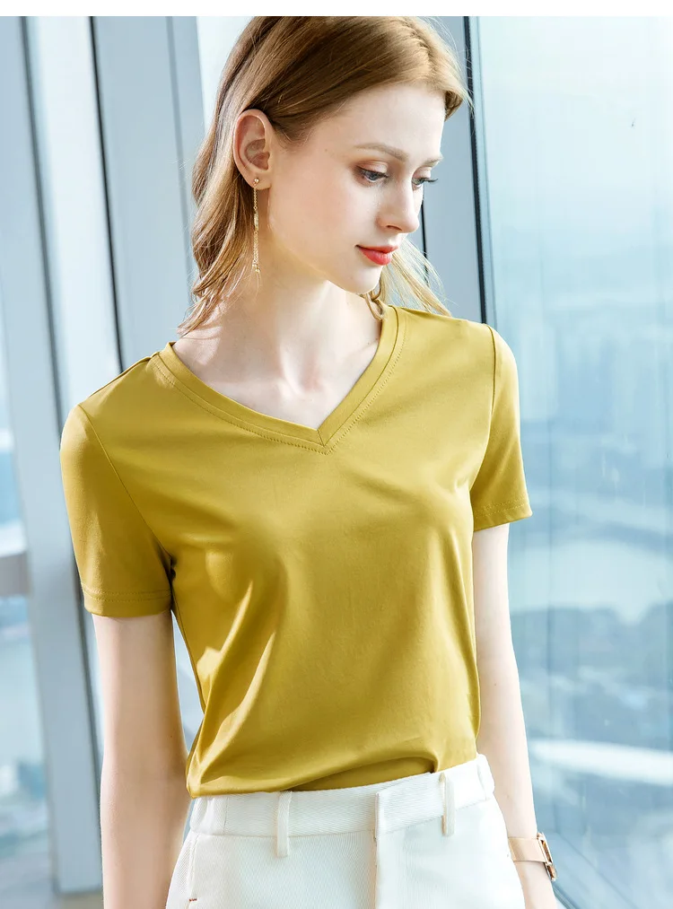 Ice Sensitive Silk Cotton V-neck Short Sleeved T-shirt for Women's Solid Round Neck Basic Commuting Elastic Oversized Top