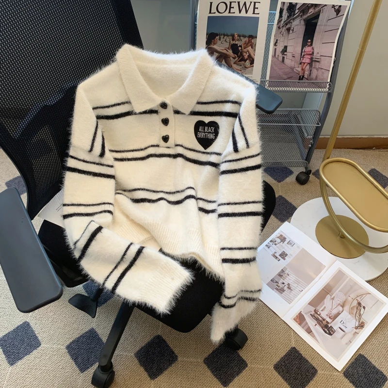 

Autumn/Winter New Black And White Contrasting Striped Sweater Imitation Mink Wool Pullover Versatile Polo Knit Top For Women