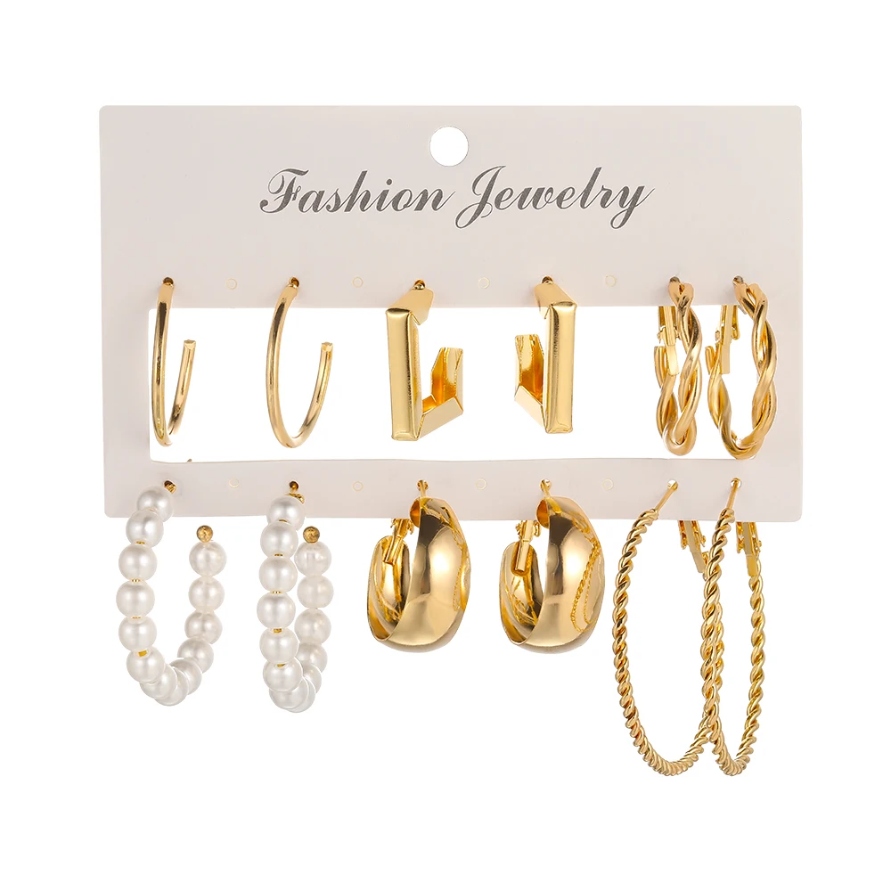 Pearl Earrings 6 Pcs Gold-color Earrings Creative Simple Temperament Women Temperament C Shaped Geometric Fake-pearl Metal Earrin