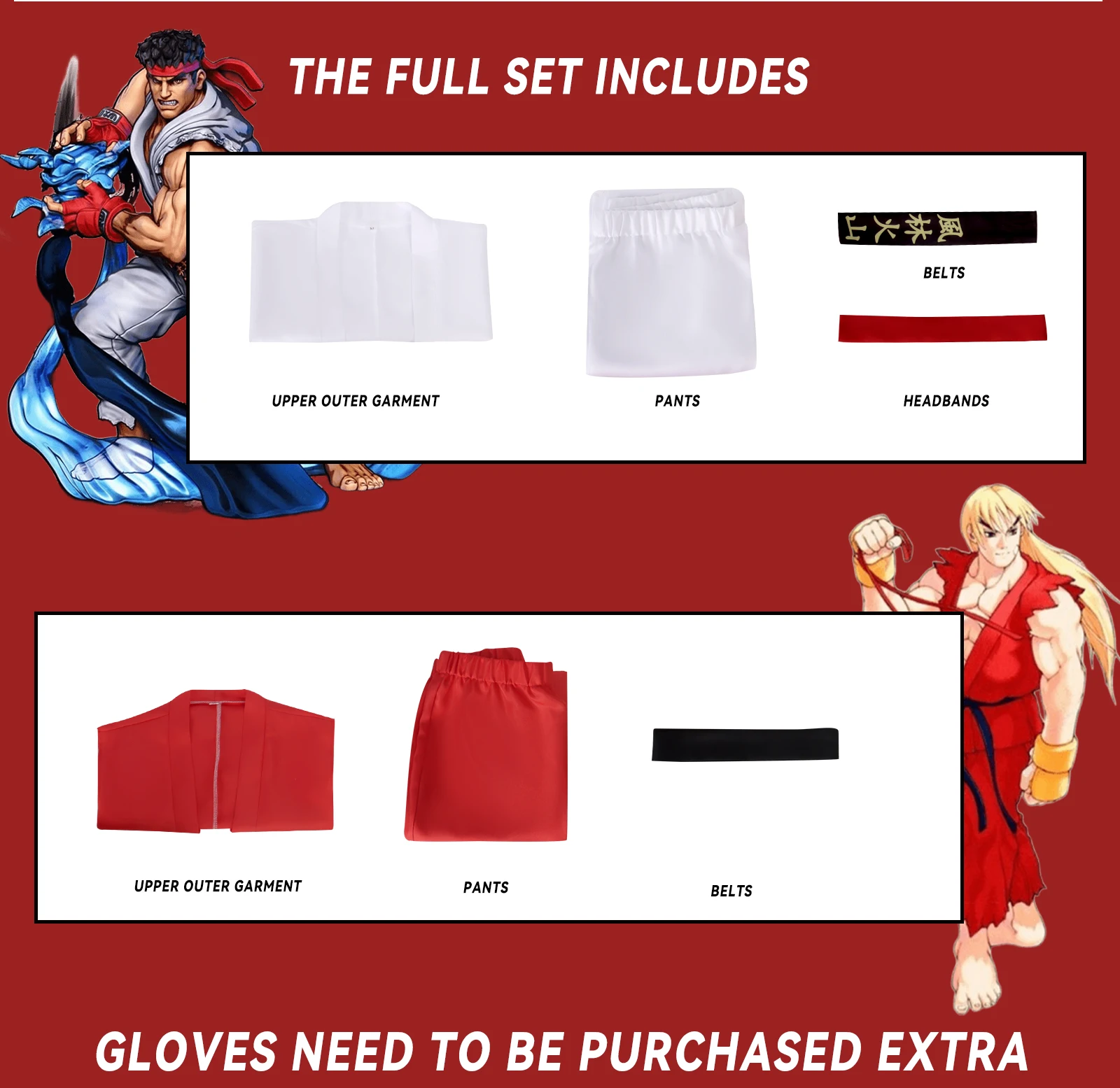 Street Fighter Ryu and Ken Martial Arts Uniform Cosplay Costume Set