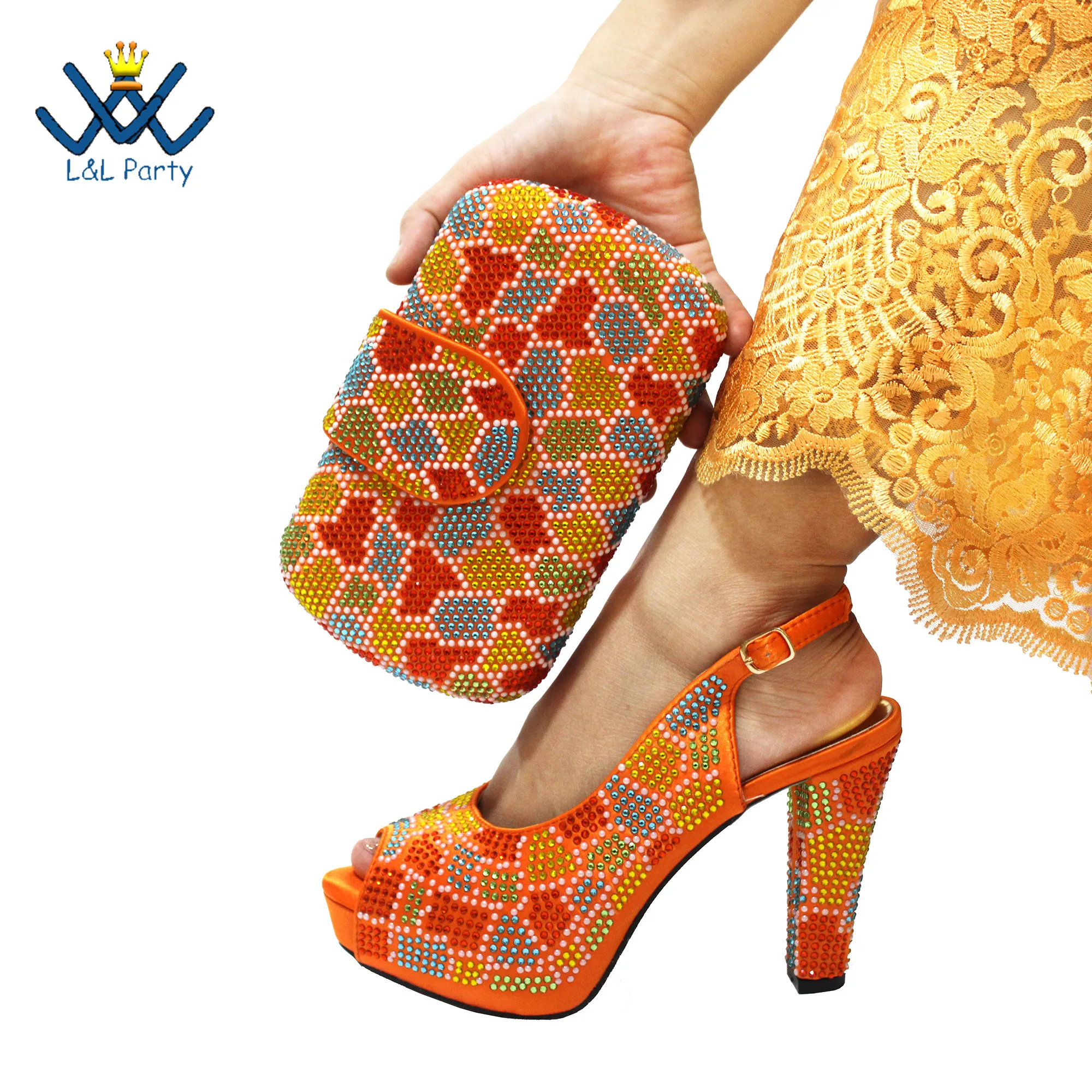 

Mature Style Italian Women Shoes and Bag to Match in Orange Color Shinning Crystal Slingback Sandal with Platform for Party