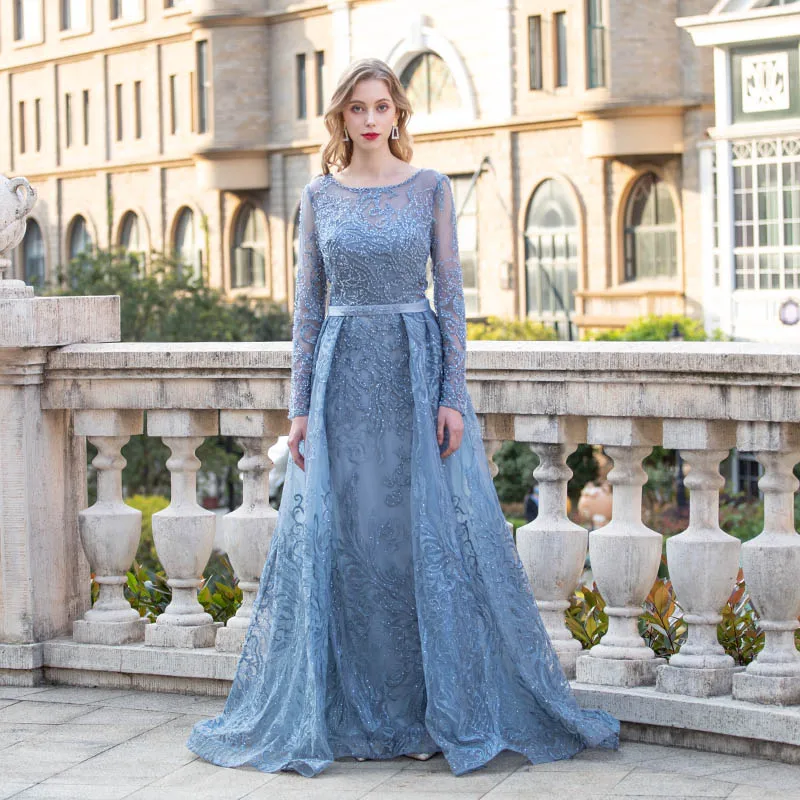 

Dubai Embroidered Long Sleeve Evening Dress O Neck Lace Seuqined Formal Evening Gowns Mermaid Vestidos Robe De Soiree