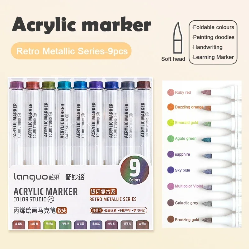 Languo 9/144 Colors Acrylic Marker Pen Soft Head for Artist Rock Painting Glass Ceramic DIY Crafts Graffiti Acrylic Paint Pens 6