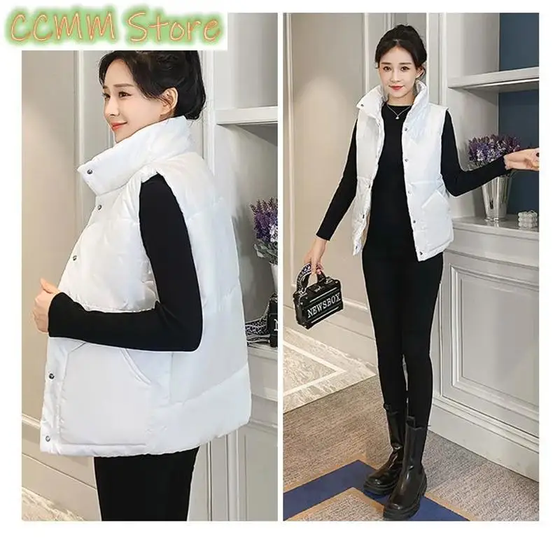 New Autumn Winter Women Solid Loose Vest Stand Collar Long Vest Jacket Cotton Padded Women Windproof Warm Waistcoat 5XL