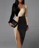Party Evening Midi Dress | Elegant Black Gold Sequins Patchwork Long Sleeve Prom Dress