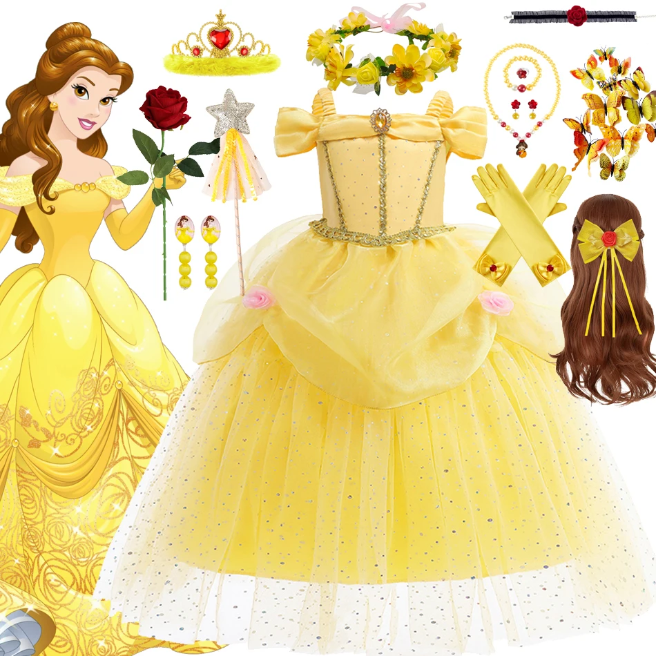 Disney Princess Belle Dress For Girl Kid Beauty And The Beast Fancy Tulle Cosplay Costume Halloween Chrismtas Party Clothing