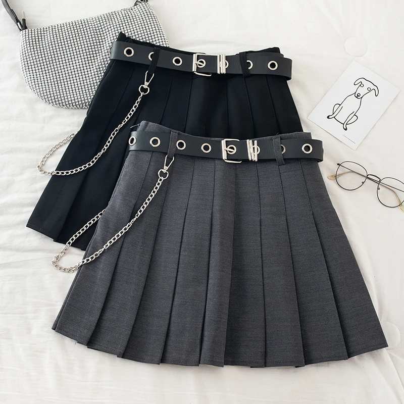 Punk Mini Skirt With Chain Belt Rock Girl Cheerleading Belted