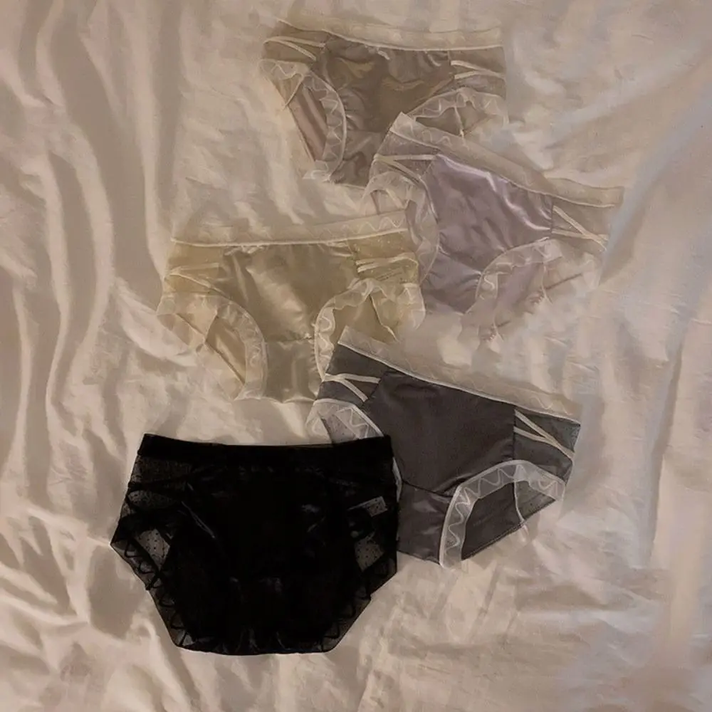 

Japanese Retro Mid-waist Lingeries Lovely Solid Color Ice Silk Women Lace Panties Korean Underwear Sweet Briefs