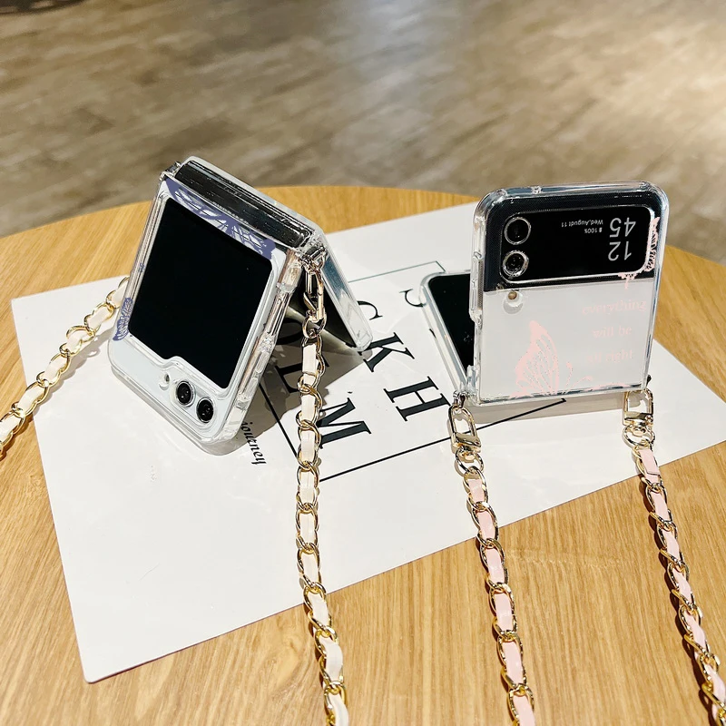 Custodia con cordino in metallo con stampa a farfalla per Samsung Galaxy Z Flip 6 5 4 3 5G Custodia trasparente pieghevole in silicone TPU per Samsung Z Flip5_voghion.com