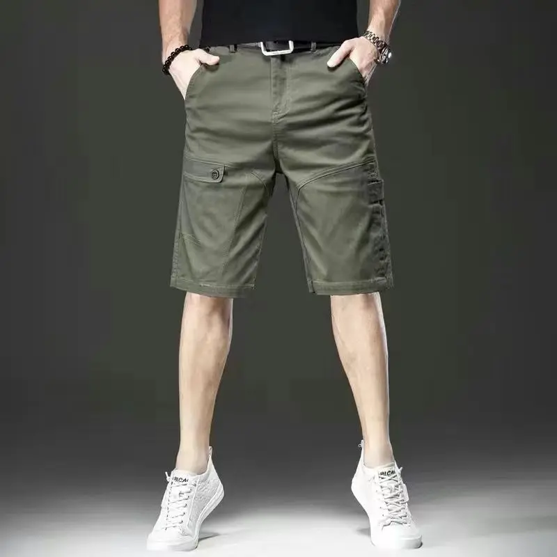 American Style Vintage Summer Casual Shorts Men's Solid Pocket Zipper Button Trend Versatile Straight Knee Length Cargo Pants