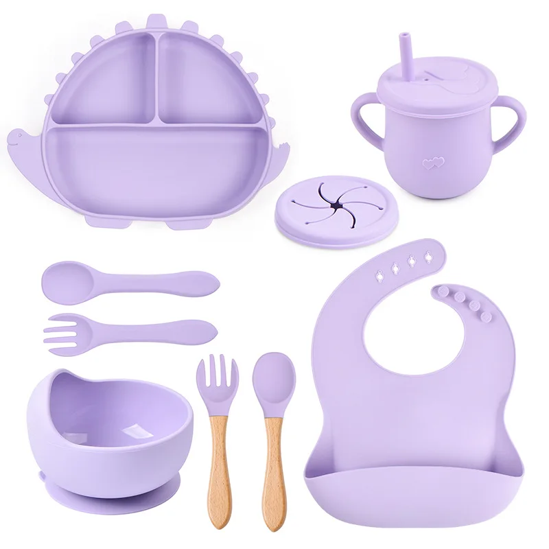 

8/6PCS Cute Dinosaur Children's Tableware Set Silicone Dinner Plate Suction Bowl Snack Cup Water Cup Spoon Fork Silicone Bibs