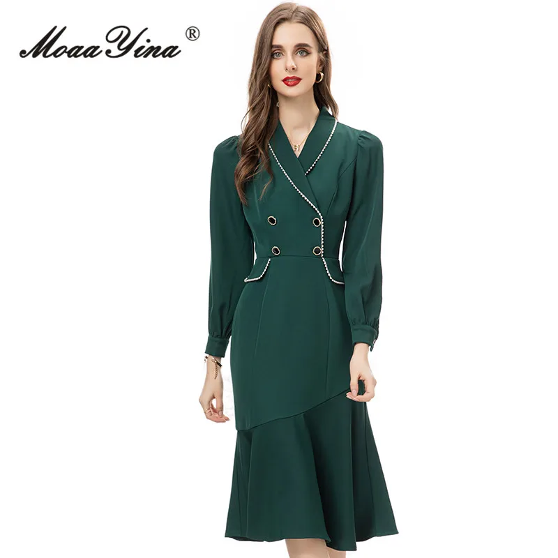 

MoaaYina Autumn Fashion Designer Green Vintage Mermaid Dress Women Lapel Beading Button Ruffle Package Buttocks Slim Midi Dress