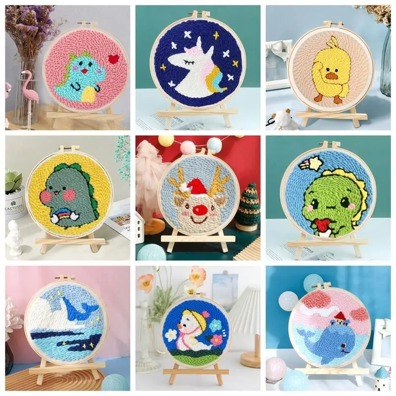 CHENISTORY-Punch Needle Embroidery Starter Kit Dinosaur Duck Animal Pattern Embroidery Pen Adults Beginner
