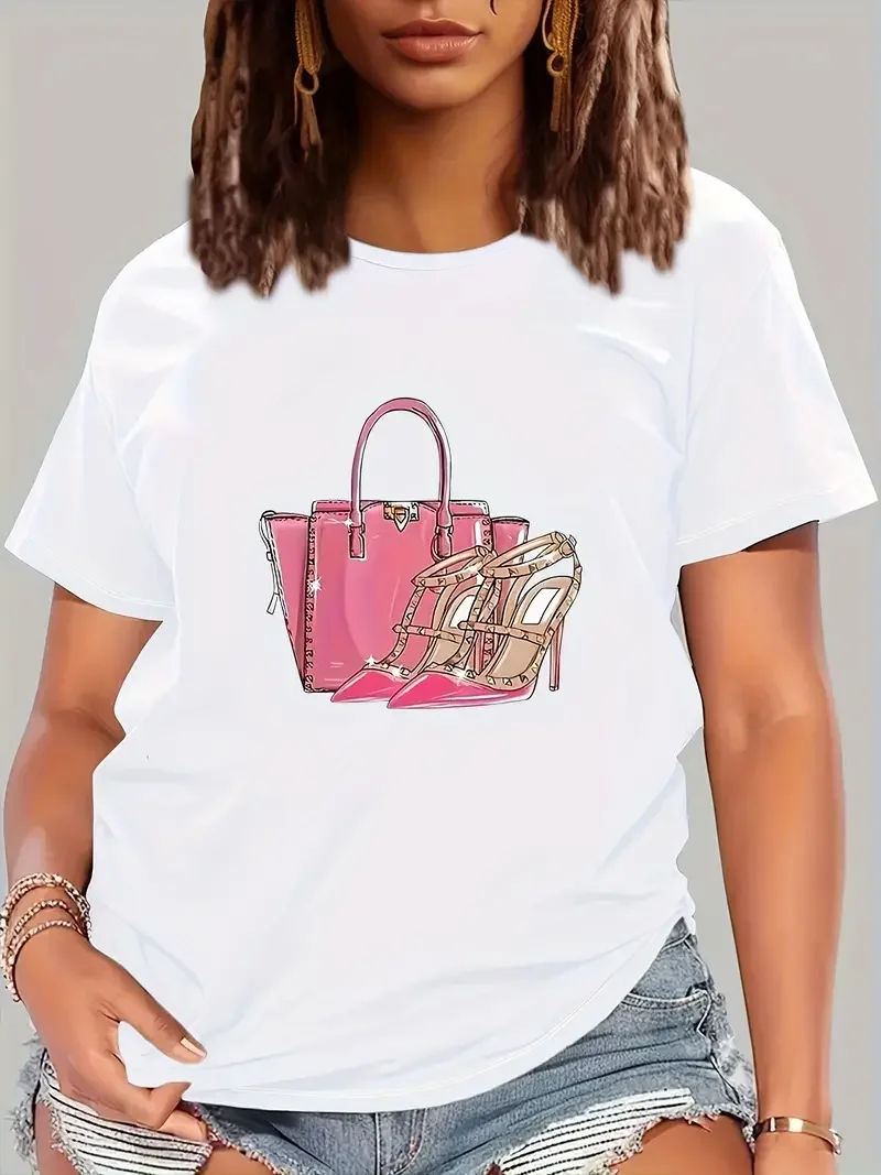 

Футболка женская розовая с графическим принтом, Повседневная модная рубашка в стиле Харадзюку на высоком каблуке, с круглым вырезом, топ с креативным дизайном, лето