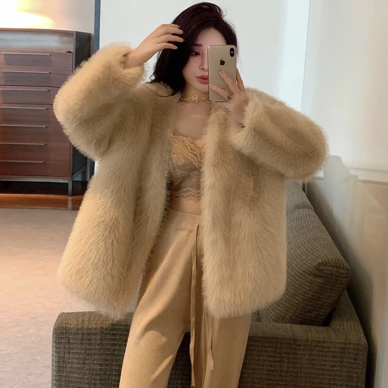 Korean style young women winter long sleeves faux fur coat cardigan design long loose female fur outerwear thick warm jackets