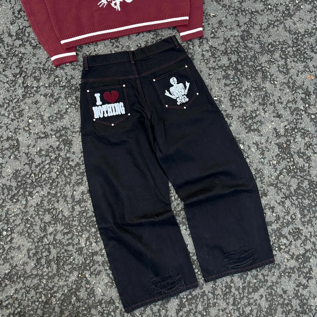 Y2KJeansPantsHarajukuHipHopRetroSkullGraphicBaggyJeansBlack