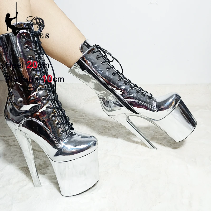 Silvery Shoes for Women INS Style 20CM/8inch Extreme High Heels Platform Boots Lace Up Sexy Pole Dancing Ankle Boots Big Size 44