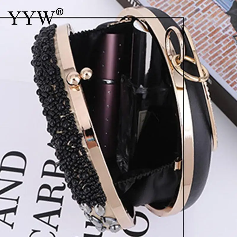 Luxury PU Leather Round Women Clutch Handbag Diamond Beads Embroidery Casual Lady Metal Handle Bag Messenger Purse Chain Wallet