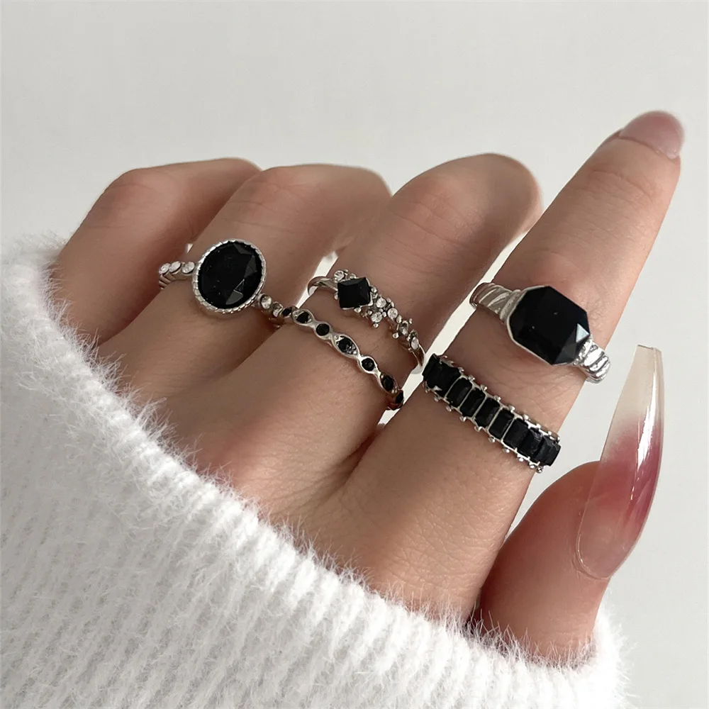 Retro Black Crystal Stone Ring Set For Women Vintage Geometric