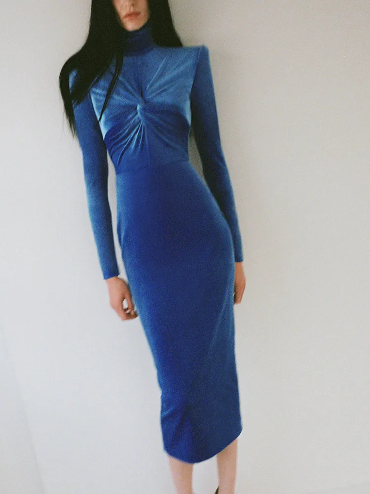 

Women Autumn Winter Fashion Blue Velvet Dress Elegant Turtleneck Long Sleeve High Waist Midi Long Bodycon Dresses High Street
