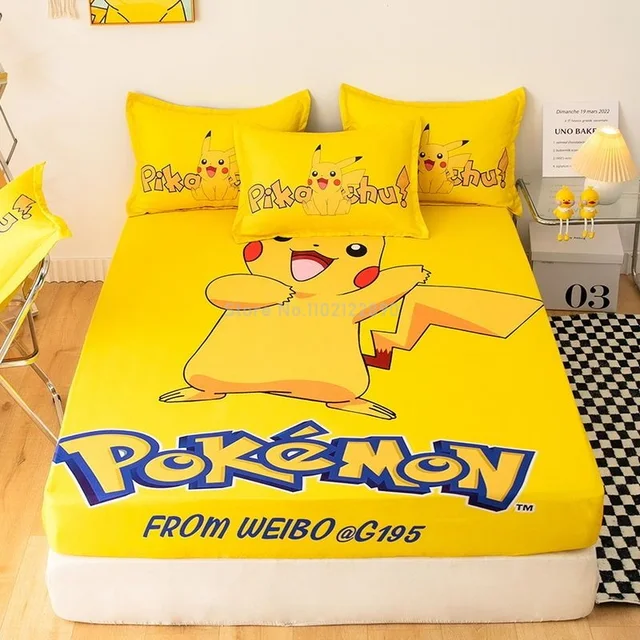 3Pcs Pokemon Bedsheet Pikachu Anime Bed Sheet Fitted Sheet with Elastic