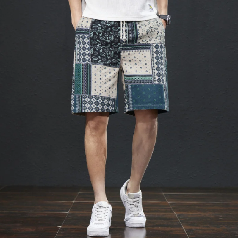 2024 Summer New Beach Shorts Men's Fashion Ethnic Print Breathable Elastic Versatile Street Casual Capris 6