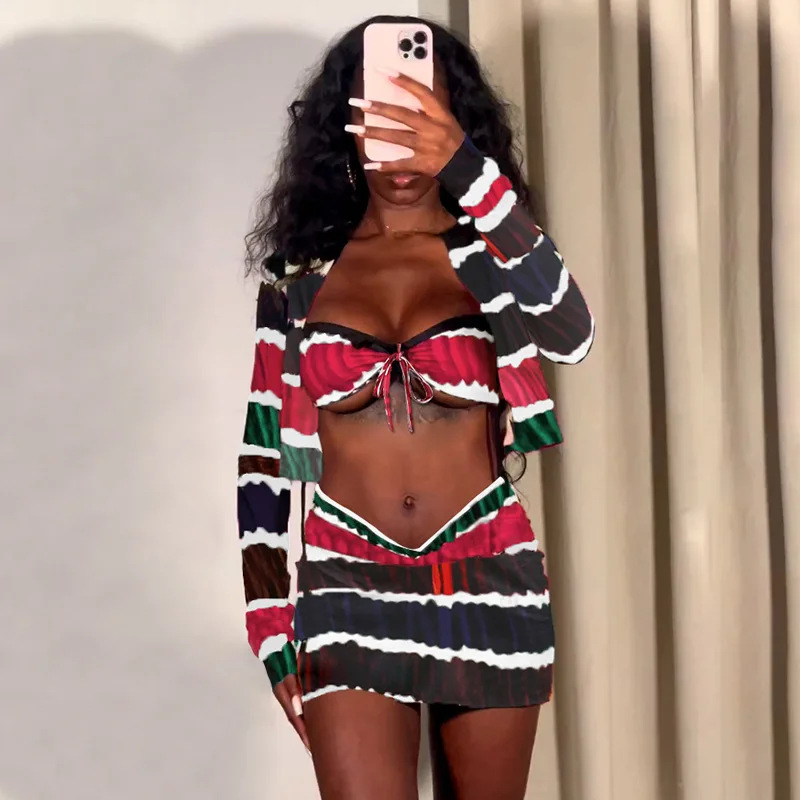 

Tie Dye Print 3 Piece Dress Sets Women Lace Up Spaghetti Straps Bra Long Sleeve Open Stitch Shirts Crop Tops Mini Skirts Suits