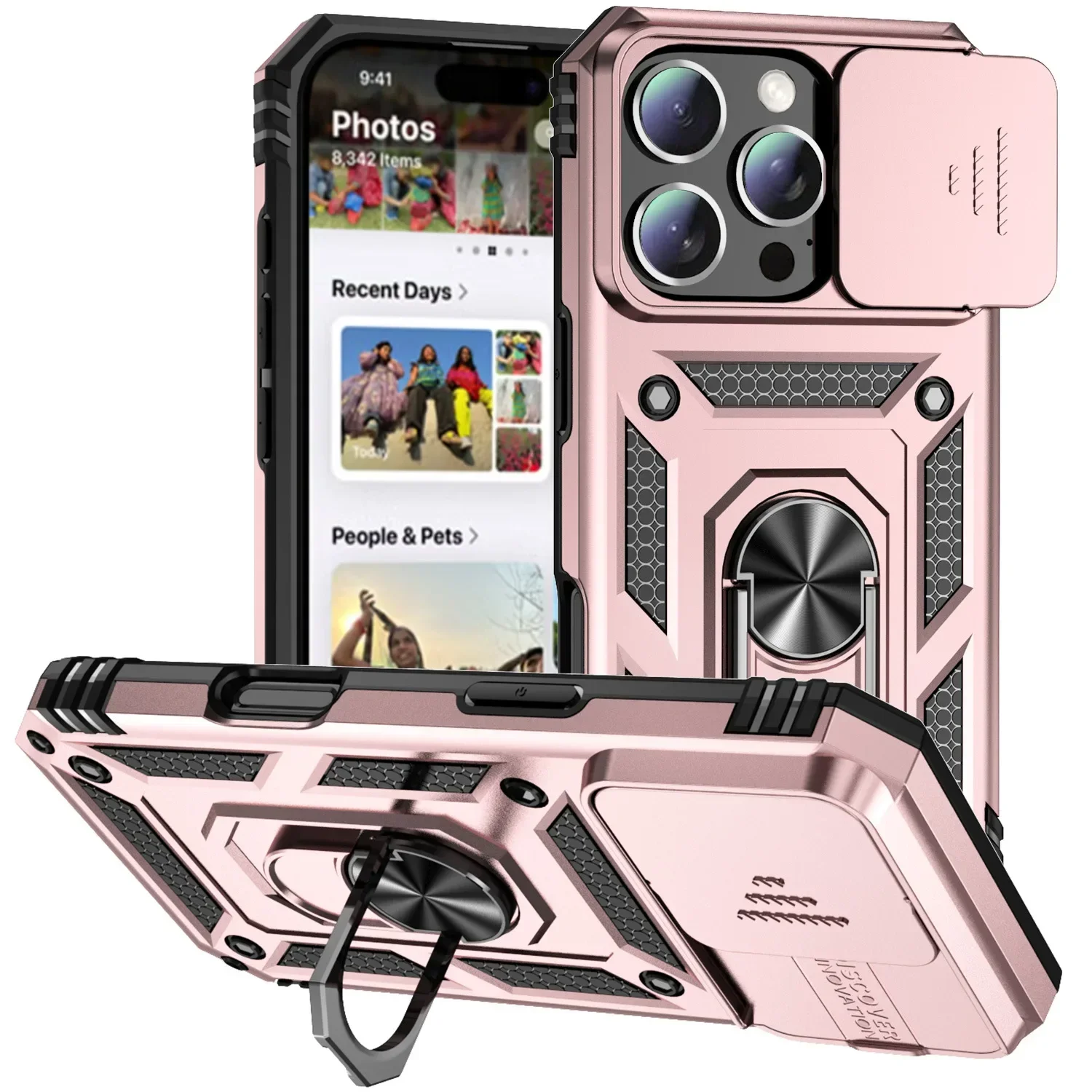 Durable Armor Case with Rotating Ring Stand and Slide Camera Lens Cover